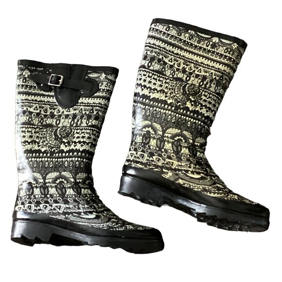 Sakroots Faux Fur Lined Wellington Rain Boots Sz 8 Black, Gray, White #48S - Picture 1 of 11